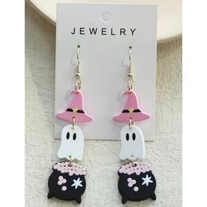 Pink Witch Hat Ghost Cauldron Earrings